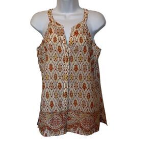 𝅺Sanctuary EUC Orange Yellow Floral Abstract Print Button Down Sleeveless Blouse